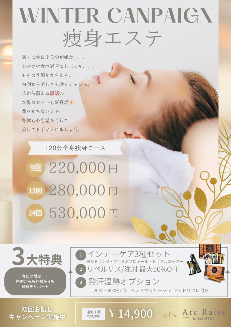 冬向け痩身キャンペーン全身120分と部分ケア80分コース