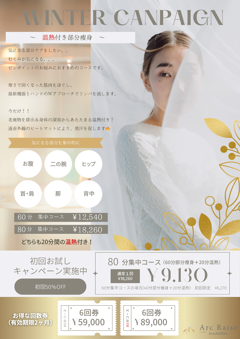 冬向け痩身キャンペーン全身120分と部分ケア80分コース